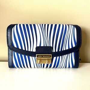 Vera Bradley Ultimate Wristlet Wavy Navy Stripe Pattern Gold Hardware.